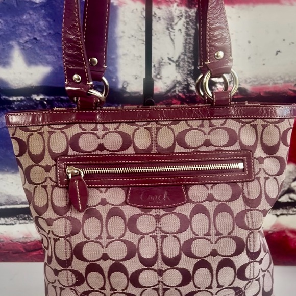 Coach Handbags - Coach Burgundy and Beige Signature Tote Bag